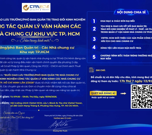 CPA HCM ĐỒNG HÀNH CÙNG CHƯƠNG TRÌNH GIAO LƯU & TRAO ĐỔI KINH NGHIỆM QUẢN LÝ VẬN HÀNH CÁC NHÀ CHUNG CƯ KHU VỰC TP.HCM LẦN 2/2026